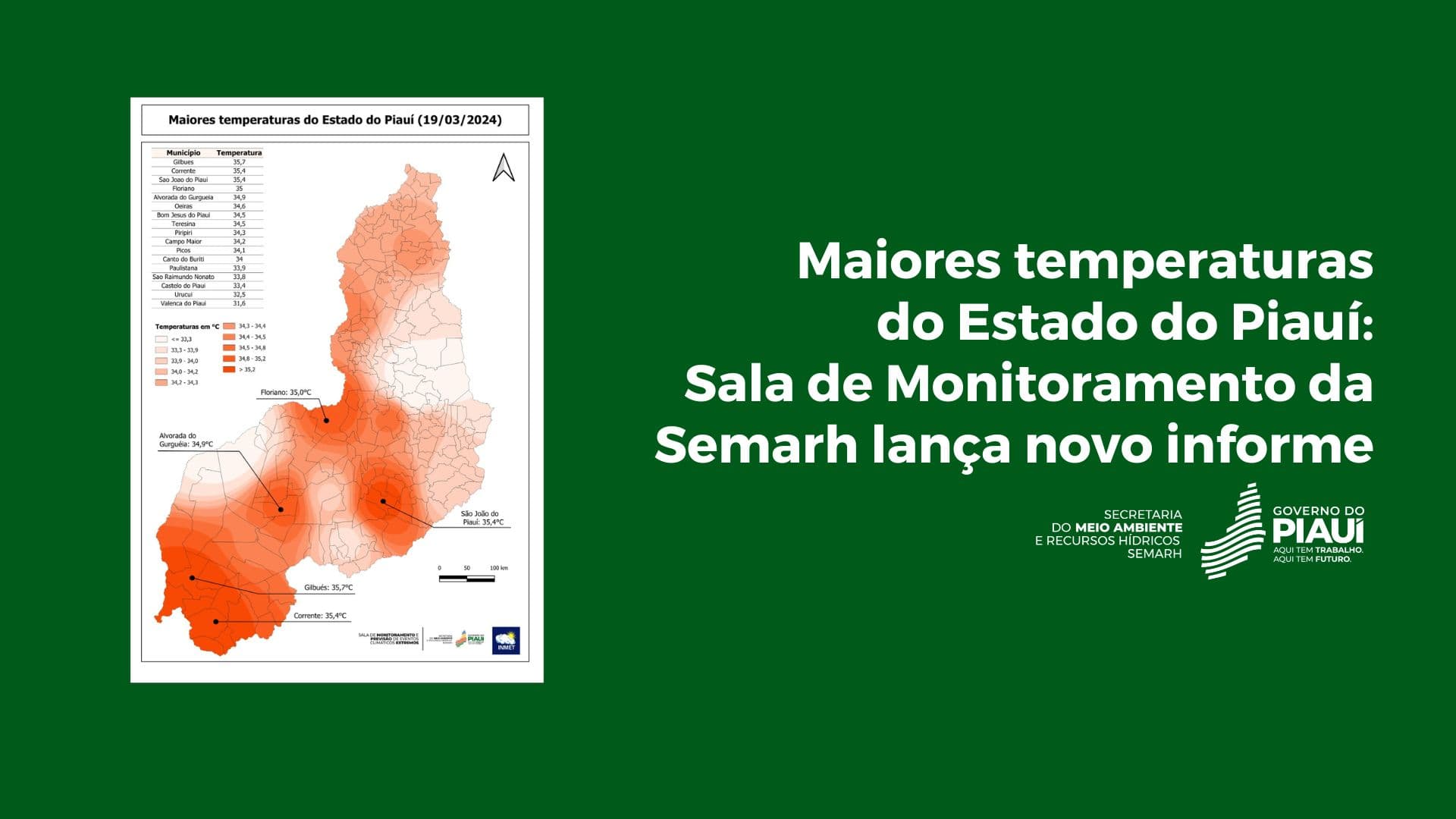 Maiores temperaturas do Estado do Piauí: Sala de Monitoramento da Semarh lança novo informe