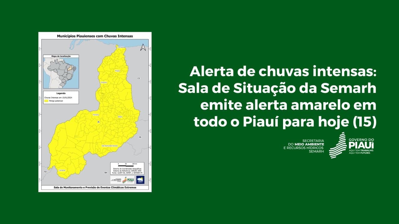 Alerta de chuvas intensas: Sala de Situação da Semarh emite alerta amarelo em todo o Piauí para hoje (15)